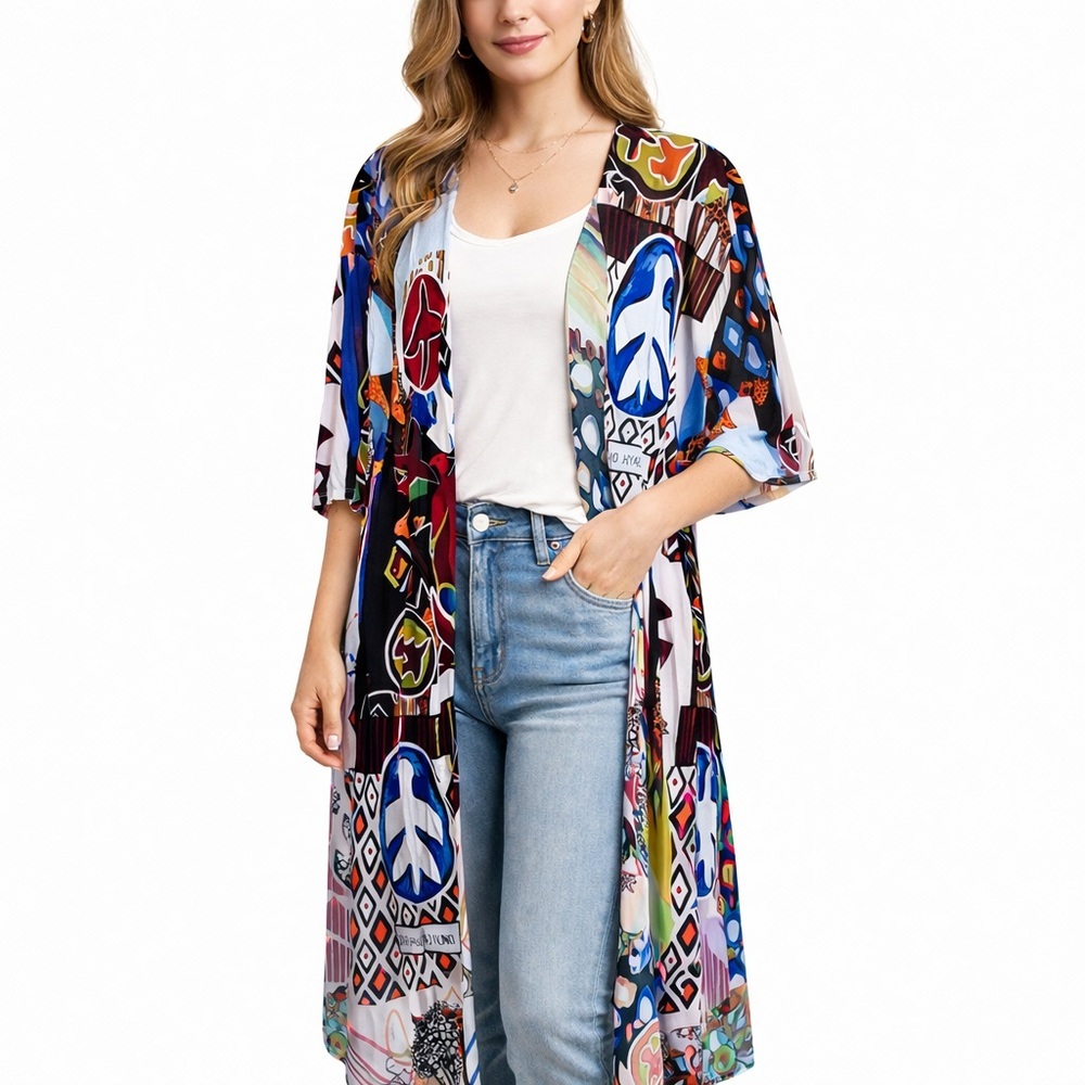 Island Colorful Patterned Kimono Size S Long Cardigan Vacation Beach Top‎